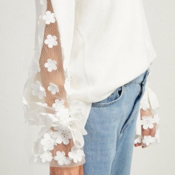 French Connection Caballo Appliqué Flower Sleeve Sweater Small, SUMMER WHITE NWT - Picture 7 of 10
